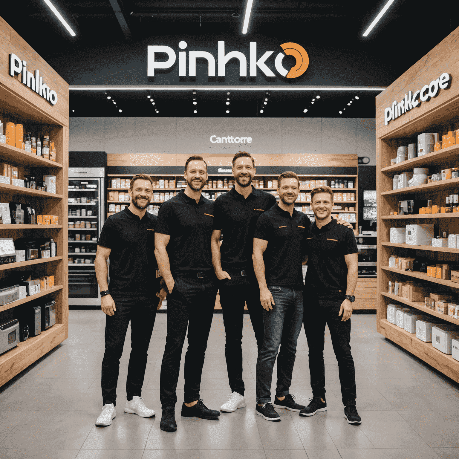 Il team di Plinkocore al completo, sorridenti e in piedi davanti al negozio. Sullo sfondo si vedono scaffali pieni di elettrodomestici moderni e all'avanguardia.