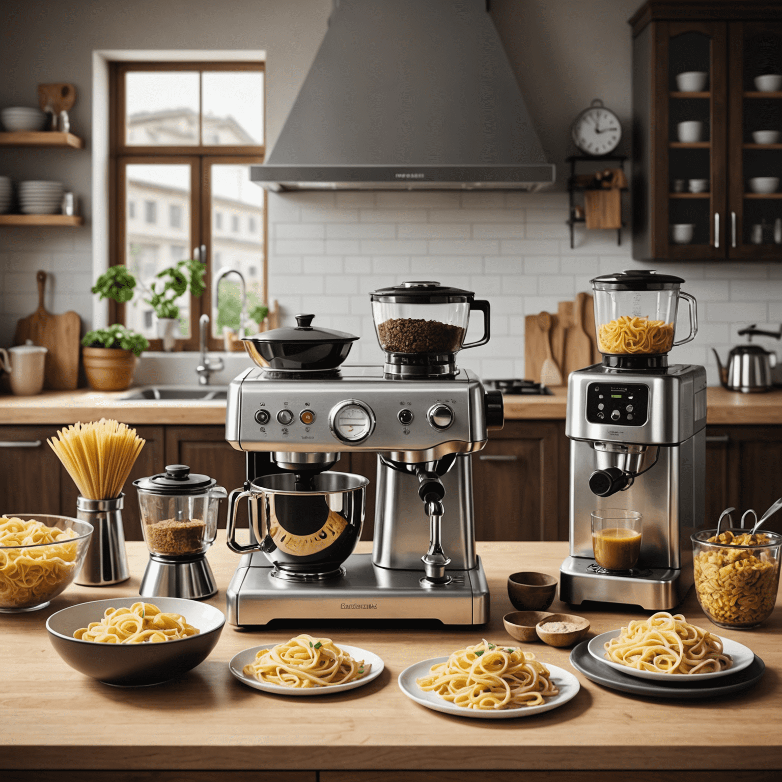 Una cucina italiana moderna con vari elettrodomestici essenziali come una macchina per la pasta, un robot da cucina e una macchina per espresso