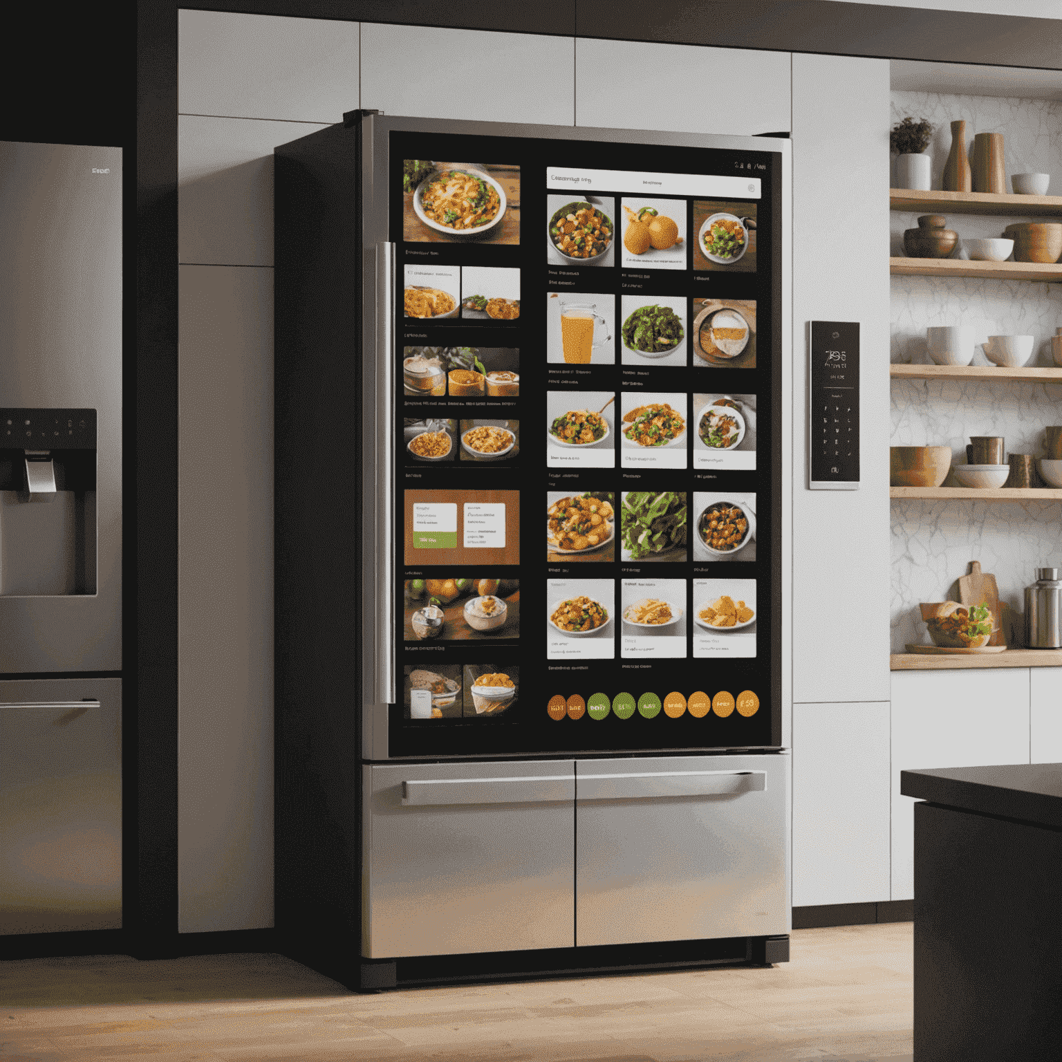 Frigorifero smart con display touchscreen che mostra ricette e lista della spesa