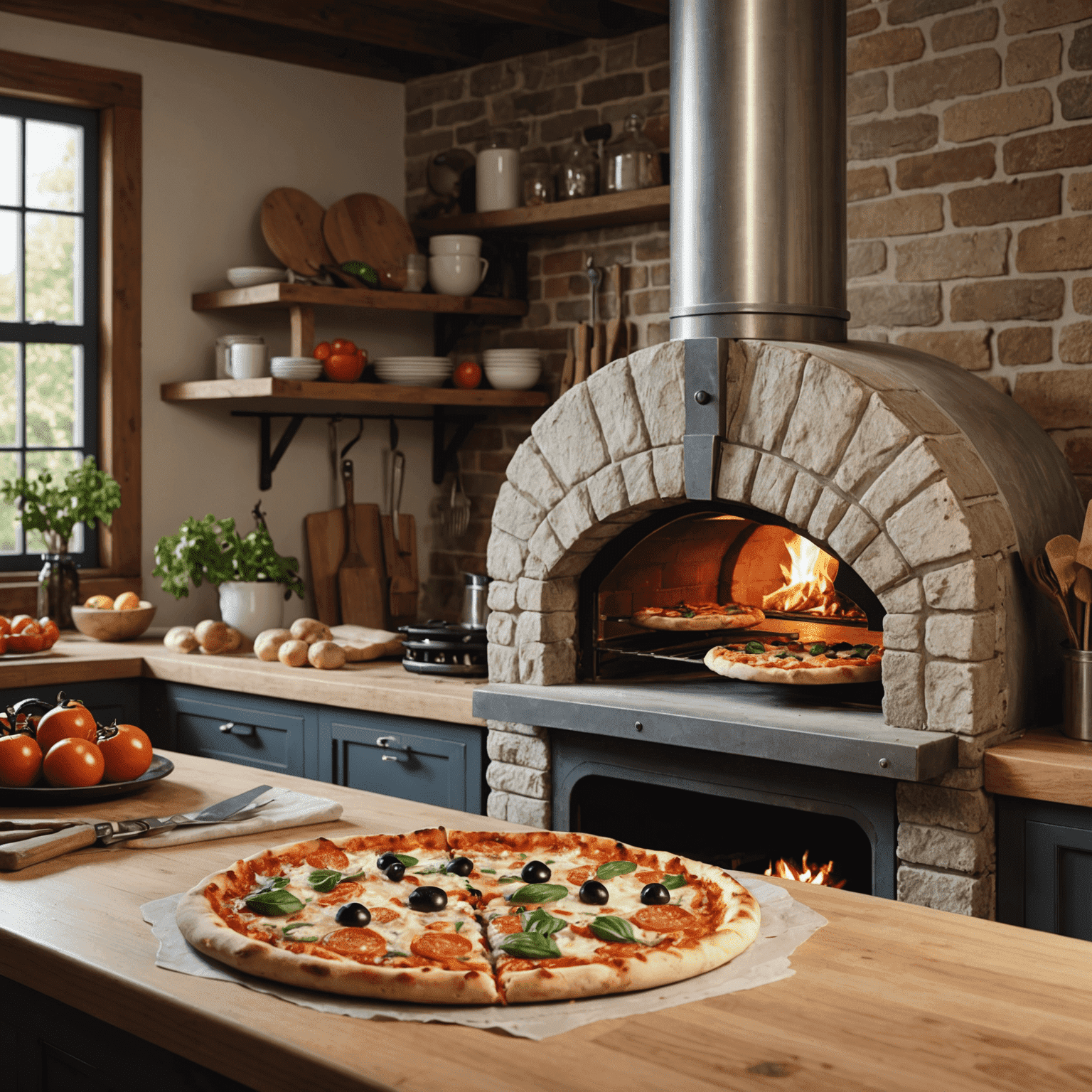 Un forno a pietra per pizza da cucina con una pizza appena sfornata